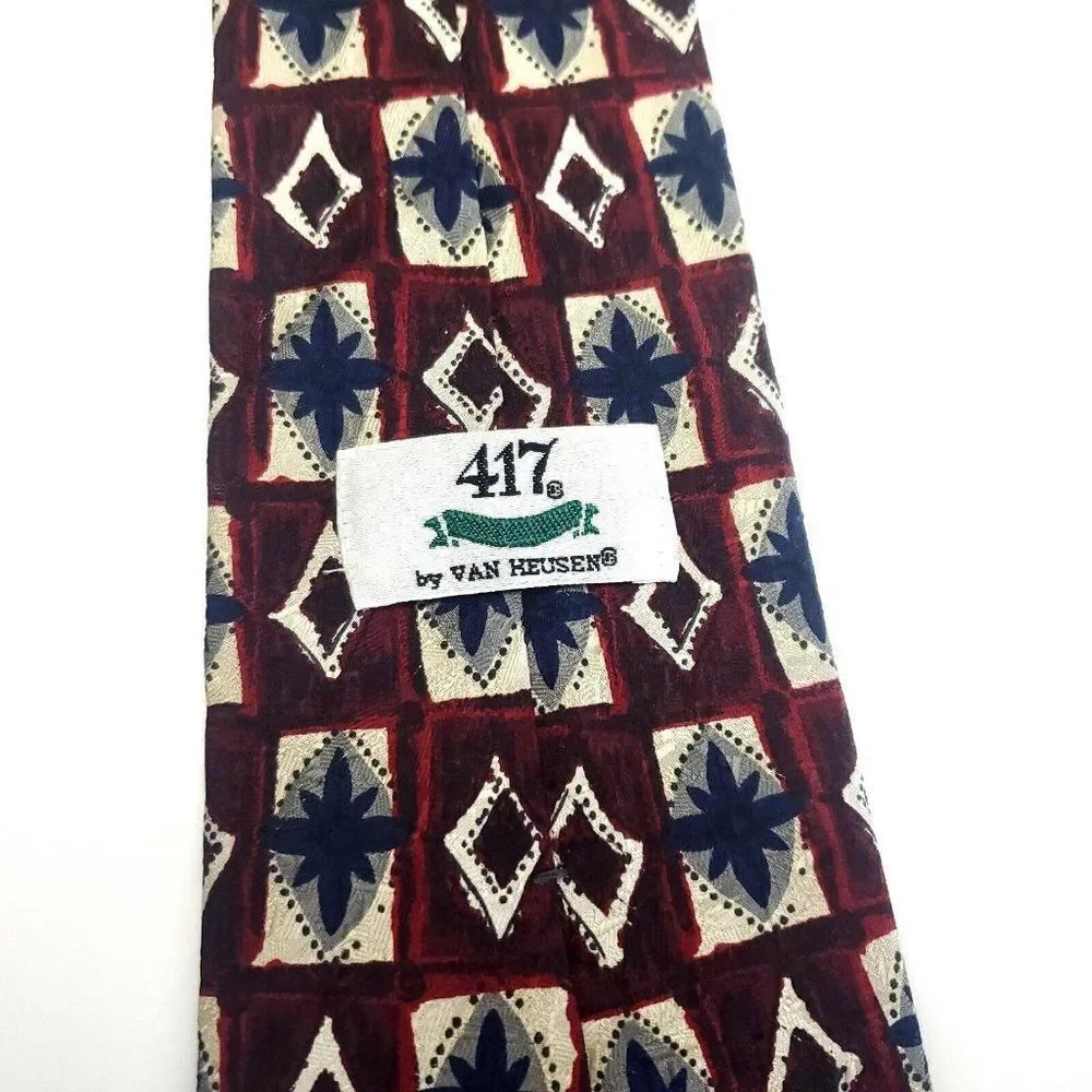 Van Heusen 417 Red Beige Silk Tie‎ Woven Geometric Wide